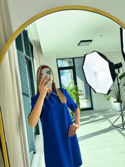 Saks Mavi Taş Detaylı Tok Krep Kumaş Elbise