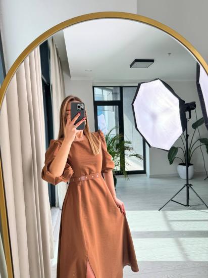 Kahverengi Kemerli Keten Aerobin Kumaş Elbise