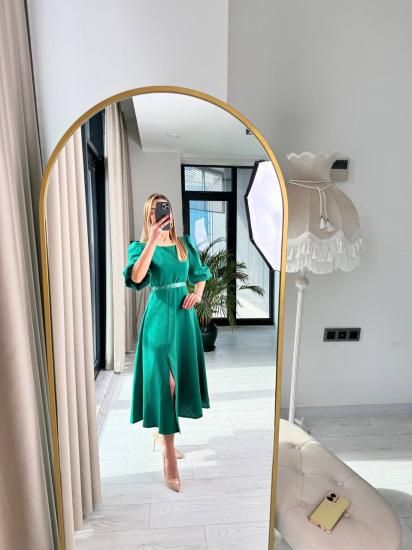 Zümrüt Yeşili Kemerli Keten Aerobin Kumaş Elbise