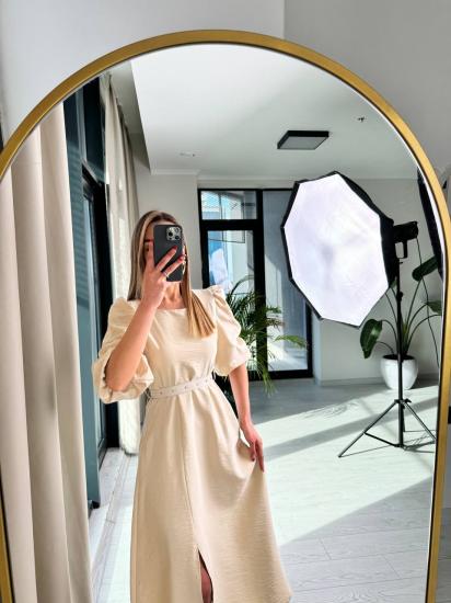 Taş Rengi Kemerli Keten Aerobin Kumaş Elbise