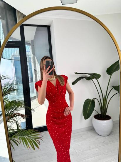 Kırmızı Puantiye Desenli Krep Kalem Elbise