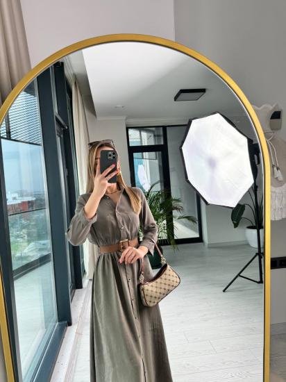 Yeşil Tensel Pamuklu Kumaş Kalp Düğmeli Kemerli Gömlek Elbise