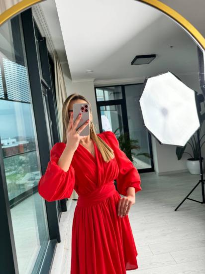 Kırmızı Tasarım Şifon Astarlı Mini Elbise