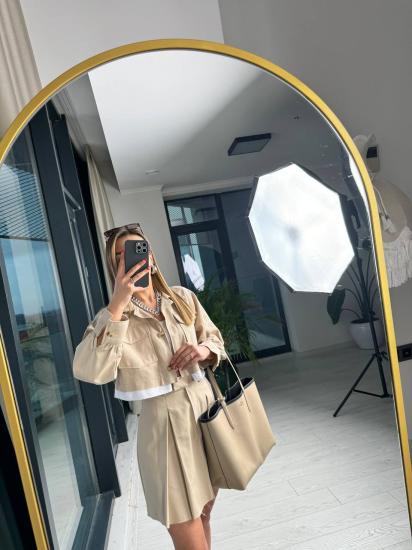 Bej Premium Tok Tensel Gabardin Kumaş Etek Ceket Takım(%100 pamuk)