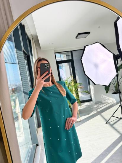 Zümrüt Vatkalı Önü Taşlı Krep Elbise