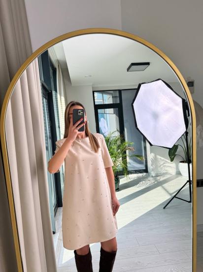 Bej Vatkalı Önü Taşlı Krep Elbise