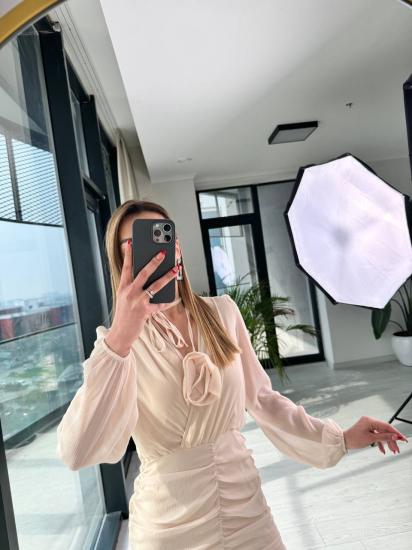 Bej Drapeli Gül Detaylı Astarlı Şifon Elbise