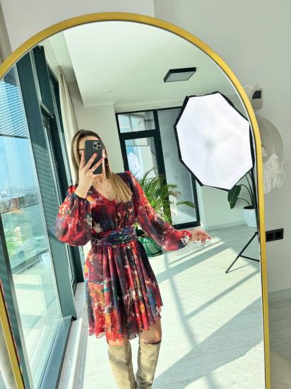 Renkli Desenli Kuşak Kemerli Tasarım Şifon Elbise