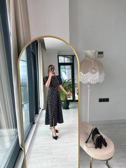 Siyah Puantiyeli Yaka Detaylı Pamuklu Poplin Kloş Elbise