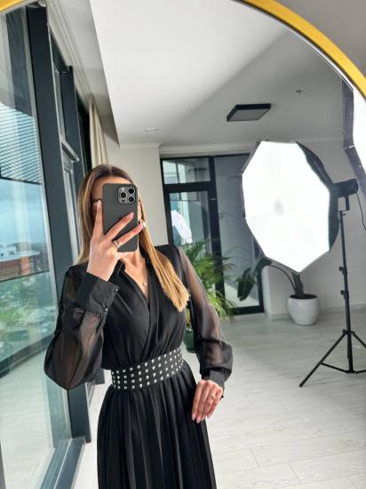 Siyah Astarlı Bel Kuşak Detaylı Piliseli Şifon Elbise