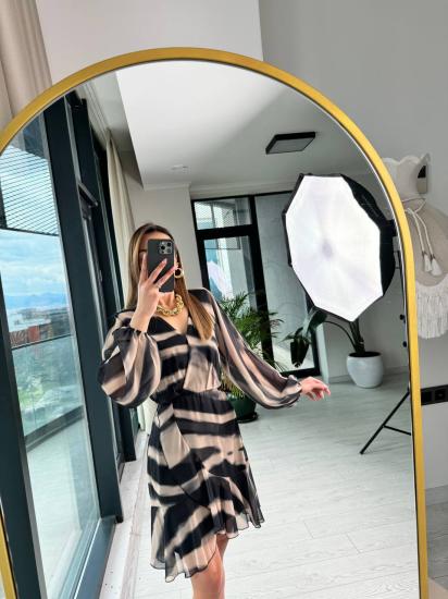 Siyah Krem Desenli Astarlı Lüks Kalite Multi Şifon Elbise