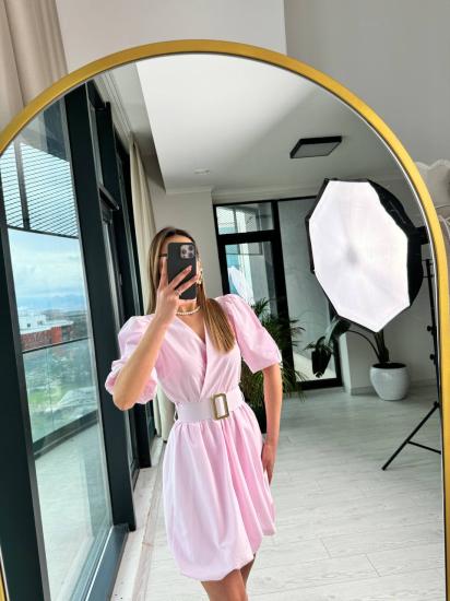 Pembe Kemerli Astarlı Pamuklu Poplin Kumaş Balon Etek Elbise
