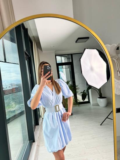 Mavi Kemerli Astarlı Pamuklu Poplin Kumaş Balon Etek Elbise