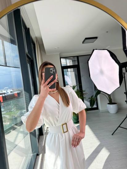 Beyaz Kemerli Astarlı Pamuklu Poplin Kumaş Balon Etek Elbise