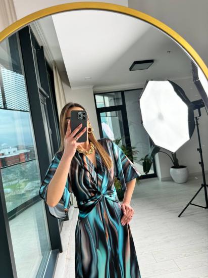 Turkuaz Geçişli Desenli Bel Düğüm Lüks Kalite ipek Saten Elbise