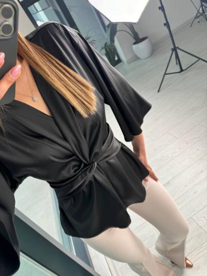 Siyah ipek Saten Bel Düğüm Bluz