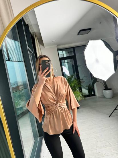 Vizon ipek Saten Bel Düğüm Bluz