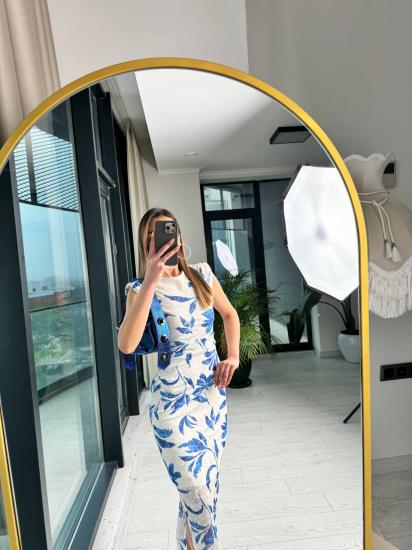 Mavi Desenli Astarlı Pamuklu Kumaş Kalem Elbise