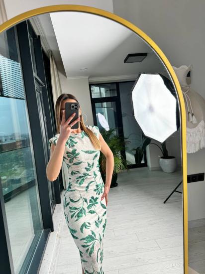 Yeşil Desenli Astarlı Pamuklu Kumaş Kalem Elbise