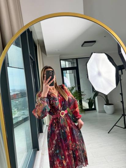 Bordo Desenli Piliseli Astarlı Kemerli Şifon Elbise