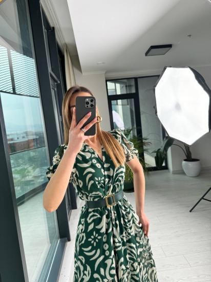 Zümrüt Desenli Kemerli Astarlı Kısa Kol Şifon Elbise