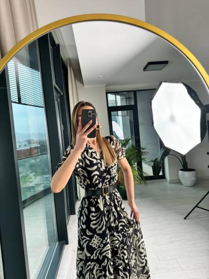 Siyah Desenli Kemerli Astarlı Kısa Kol Şifon Elbise