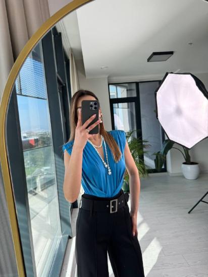 Mavi Vatkalı Lüks Kalite Bodysuit Bluz