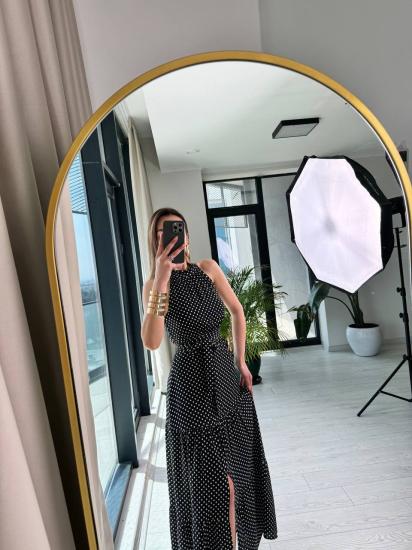 Siyah Puantiye Desen Pamuklu Viskon Kumaş Halter Yaka Elbise