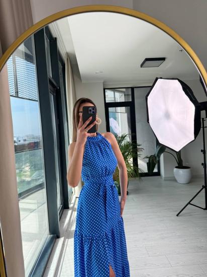 Mavi Puantiye Desen Pamuklu Viskon Kumaş Halter Yaka Elbise