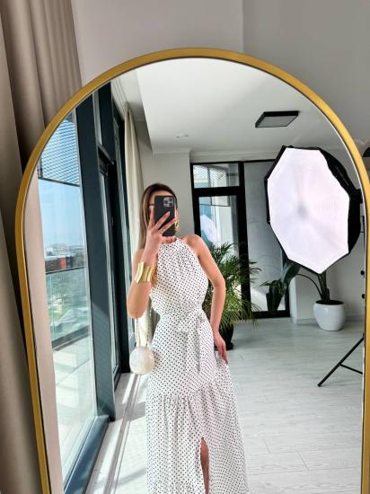 Beyaz  Puantiye Desen Pamuklu Viskon Kumaş Halter Yaka Elbise