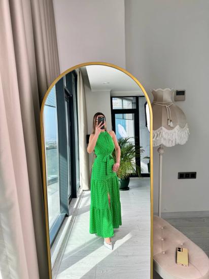 Yeşil Puantiye Desen Pamuklu Viskon Kumaş Halter Yaka Elbise