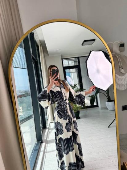 Siyah Desenli Pamuklu Viskon Kumaş Gömlek Elbise