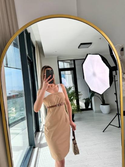 Camel Tok Gabardin Kumaş Kemerli Lüks Kalite Zara Model Elbise