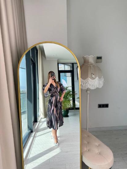 Mürdüm Geçişli Desenli Bel Düğüm Lüks Kalite ipek Saten Elbise