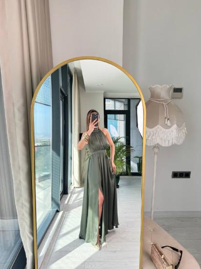 Haki Yeşil Tasarım Astarlı Lüks Kalite Saten Elbise