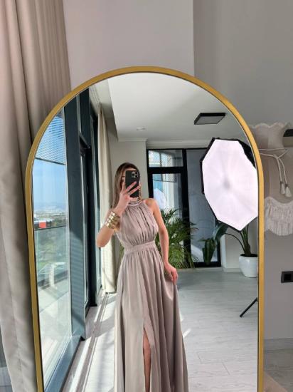 Taş Rengi Tasarım Astarlı Lüks Kalite Saten Elbise