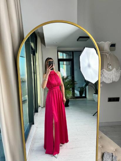 Fuşya Tasarım Astarlı Lüks Kalite Saten Elbise