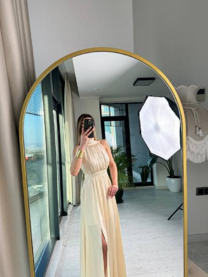 Bej Tasarım Astarlı Lüks Kalite Saten Elbise