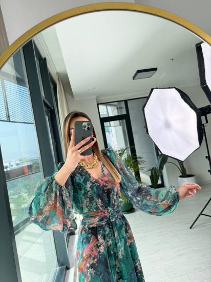 Zümrüt Geçişli Astarlı Kuşak Detaylı Şifon Elbise