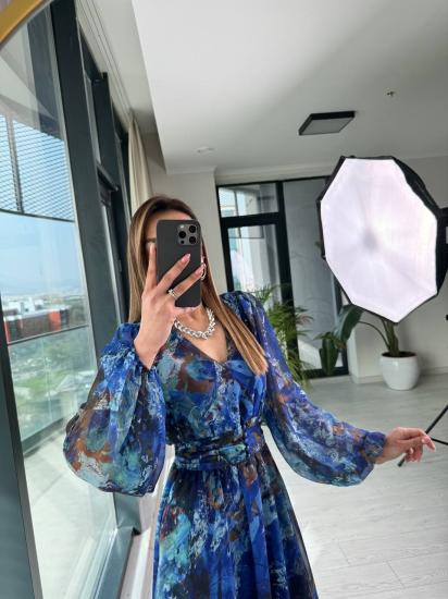 Mavi Geçişli Astarlı Kuşak Detaylı Şifon Elbise