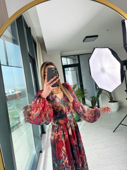 Bordo Geçişli Astarlı Kuşak Detaylı Şifon Elbise