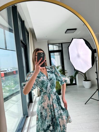 Yeşil Zümrüt Kemerli Pamuklu Viskon Kumaş Kuruvaze Yaka Elbise