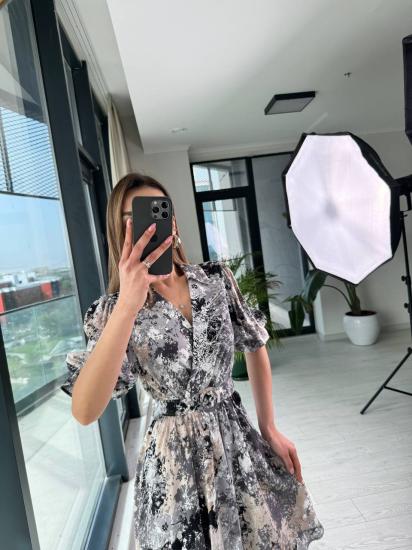 Siyah Kemerli Pamuklu Viskon Kumaş Kuruvaze Yaka Elbise