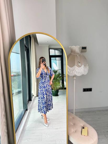 Saks Mavi Pamuk Saten Göğüs Büzgülü Elbise