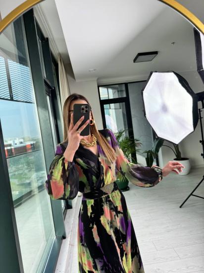 Mor Geçişli Astarlı Lüks Kalite Şifon Elbise