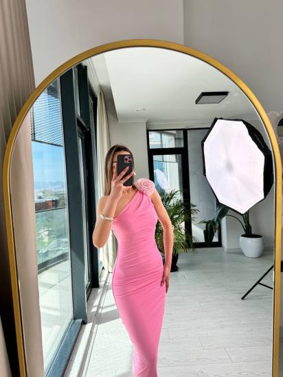 Barbie Pembe Tasarım Astarlı Gül Detaylı Tek Kol Tül Elbise