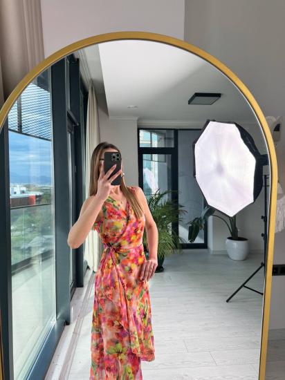 Orange Desenli Astarlı Eteği Volanlı Şifon Elbise