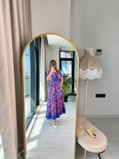 Pembe Mavi Viskon Kumaş Kısa Kollu Elbise