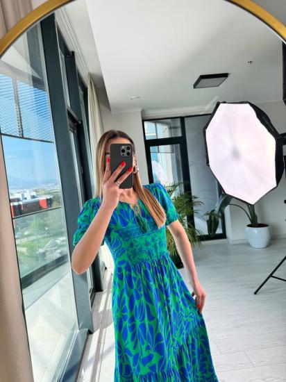 Yeşil Mavi Viskon Kumaş Kısa Kollu Elbise