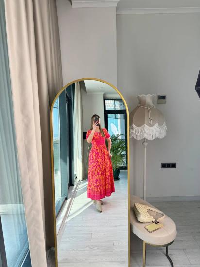 Orange Pembe Viskon Kumaş Kısa Kollu Elbise